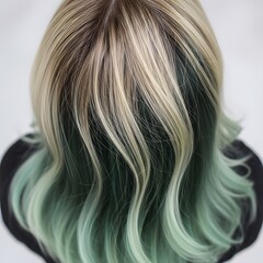Beautiful blonde hair with green highlights and dark roots styled in soft waves for a modern look