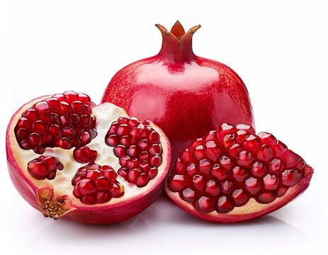 pomegranate fruit whole pomegranate and sliced pomegranate fruit isolated ripe and organic red pomegranate fruit seeds for vegan vegetarian food concepts isolated