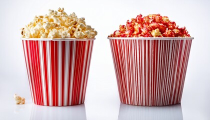classic red and white striped popcorn containers showing empty and full versions isolated on white background
