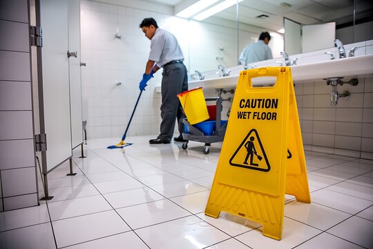 Janitor mopping a public restroom with a wet floor sign