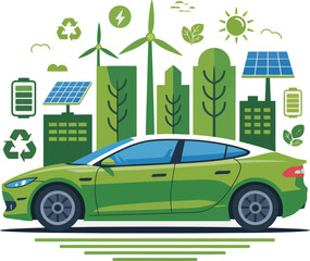 Green electric vehicle cityscape vector illustration eco-friendly transportation sustainable energy concept vector