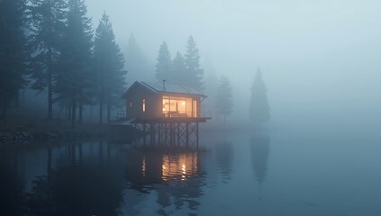 Fototapeta premium Foggy lake house retreat: serene cabin on stilts in misty forest landscape scenery
