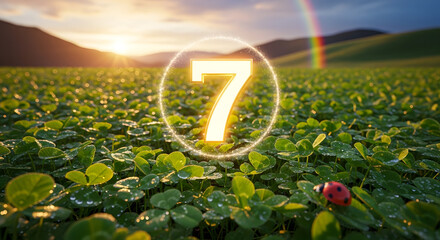 Lucky number seven glowing in a sun-drenched field of green clover with a ladybug