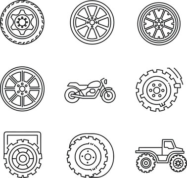  vector set of wheel icons for car tire transport with rim and metal design