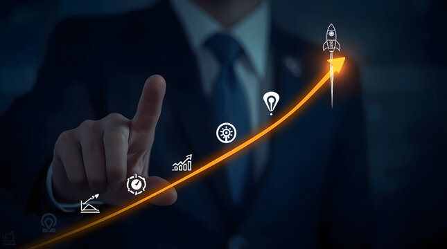 Businessmans finger touching a rocket icon on an upward trending graph, representing startup launch, rapid growth, and ambitious goals