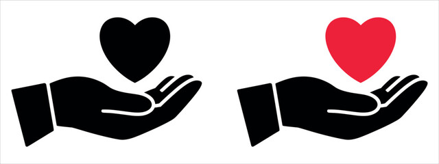 Minimalist Hand Holding Black Heart Icon Vector Illustration. Symbol for Love, Generosity, Care, Empathy, and Valentine's Day Design.