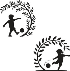 Happy children playing football or soccer in nature, isolated vector silhouette illustration set of a boy and girl with leaves and branches around them.