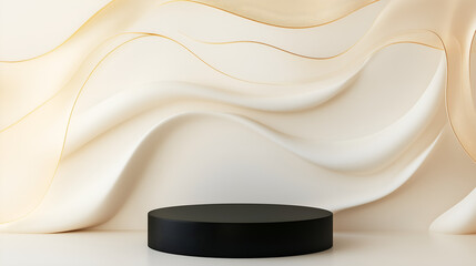Minimalist Black Podium on Beige Fabric Background with Gold Accents for Luxury Product Display