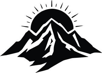 Mountain and Sun Silhouette Vector Featuring Angular Peaks, Radiant Sun, and Rugged Nature Scene in Black Line Art