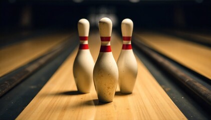 Retro bowling pins and balls on a vintage alley floor with a soft spotlight. A close up still life of three classic bowling pins standing perfectly aligned on a polished wooden bowling alley lane. A