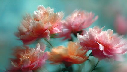 Soft focus pink and orange peonies on teal background