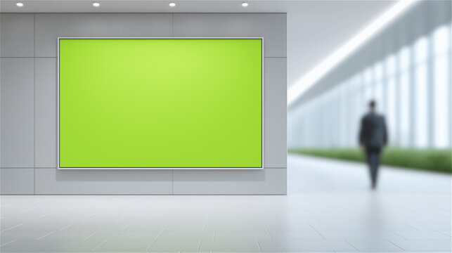 Empty green billboard in bright modern hallway, concept of advertising, design and copy space.