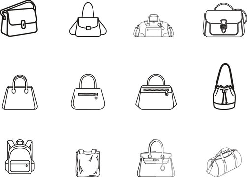 Collection of hand drawn line art sketches of various stylish handbags and purses on a white background