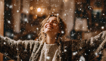 Happy woman enjoying a magical moment with snowflakes while standing indoors in a cozy atmosphere