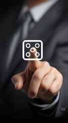Businessman touching dice icon, symbolizing business risk, chance, uncertainty, strategic decision, probability, opportunity, luck, investment and unpredictable nature professional life. Vertical bg.
