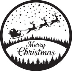 Santa Claus sleighing with reindeer across a starry night sky above a festive forest scene wishing Merry Christmas