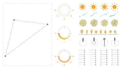 architecture site analysis symbol icon element drawing graphic flat isolated vector. architecture element line sun wind sound sun path vegetation.