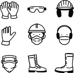 PPE Silhouette Vector Featuring Gloves, Goggles, Hard Hats, Face Masks, Boots, and Safety Gear Icons in Line Art