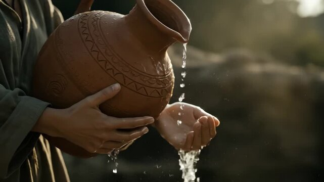 Woman pours water from an ancient clay pitcher into her hands, quenching thirst and symbolizing refreshment and traditional ritual footage.