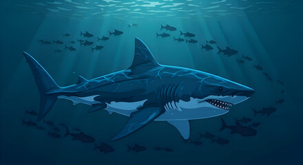 Obraz premium Megalodon in the Deep Prehistoric Ocean