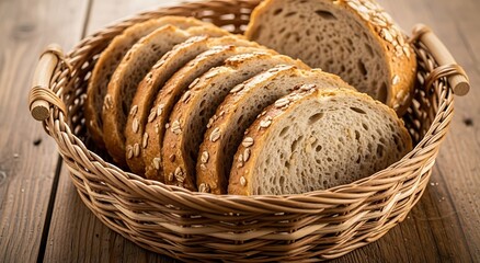 Obraz premium Close up of a rustic woven basket overflowing with freshly baked sliced whole grain bread on a wooden table