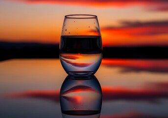 A glass of water reflects the vibrant colors of the sunset creating a calming and beautiful scene