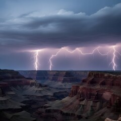 Grand canyon thunderstorm displays a dramatic sky with intense lightning strikes over the landscape