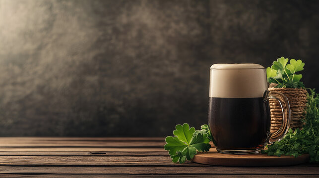 Dark Irish Stout Beer in Glass Mug on Wooden Table with Clover Leaves for St. Patrick’s Day Celebration