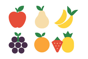 Colorful set of geometric fruits including apple pear banana grapes orange and pineapple