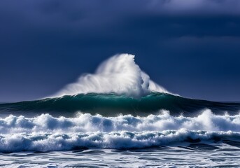 A majestic wave crests against a dark blue sky in a powerful display of ocean energy and beauty