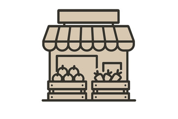 Roadside produce stand with awning and crates of organic fruits and vegetables