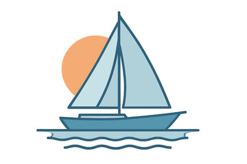 Simple graphic icon of a sailing boat on the sea with a bright orange sun