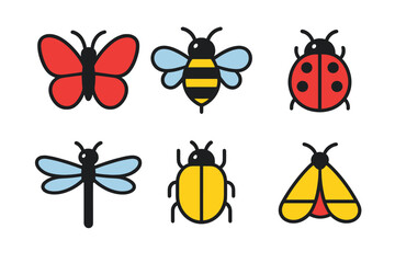 Set of simple flat design icons featuring common flying insects and garden bugs