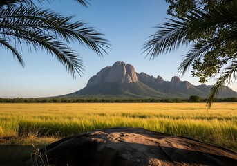 Landscape view of a mountain range with a golden field under a clear blue sky