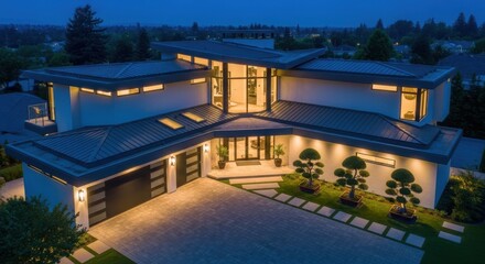 Fototapeta premium Exterior of a modern house with a beautiful garden and a driveway at night