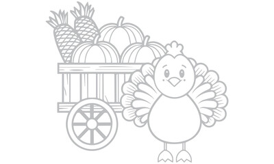 Cute Thanksgiving-themed line art illustration featuring a turkey standing beside a wooden wagon filled with pumpkins, pineapples, and harvest produce.