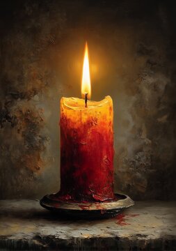 Oil on canvas illustration of a glowing candle, creating warm light and soft shadows, suitable for interior decor, art projects, or creative backgrounds