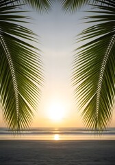 Tropical sunset through palm leaves on the beach showing the beautiful ocean and sky colors