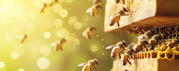 Close-up of bees working diligently on honeycomb with sunlight illuminating the hive environment