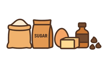 Essential baking ingredients: flour, sugar, butter, egg, vanilla, and chocolate chips for dessert preparation