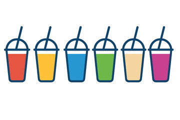 Row of six colorful cold drinks in disposable plastic cups with straws