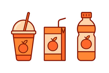 Set of orange juice packaging containers including plastic bottle carton and disposable cup