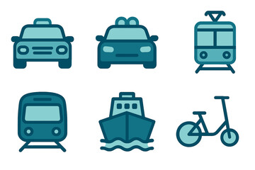 Public and private transportation modes set featuring taxi, police car, tram, train, ship, and bicycle symbols