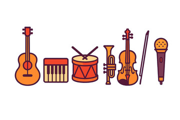 Lineup of various musical instruments and audio gear including guitar keyboard drum trumpet and violin