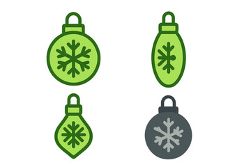 Four stylized Christmas tree ornaments featuring snowflake patterns in green and gray colors
