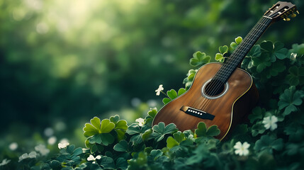 Acoustic Guitar Resting On Clover Leaves In Natural Sunlight Symbolizing Irish Folk Music And Cultural Harmony