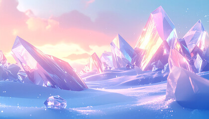 プリズムの光と雪の結晶が舞う幻想的な冬のグラデーション背景 – Transparent Prism Light and Snowflakes on Soft Blue and Pink Gradient