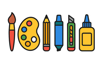 Colorful set of drawing and painting supplies including brush, palette, pencil, and marker