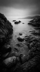 Moody Black and White Seascape with Rocky Shore Long Exposure 