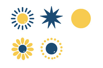Five stylized geometric shapes representing suns stars and abstract floral elements in yellow and blue
